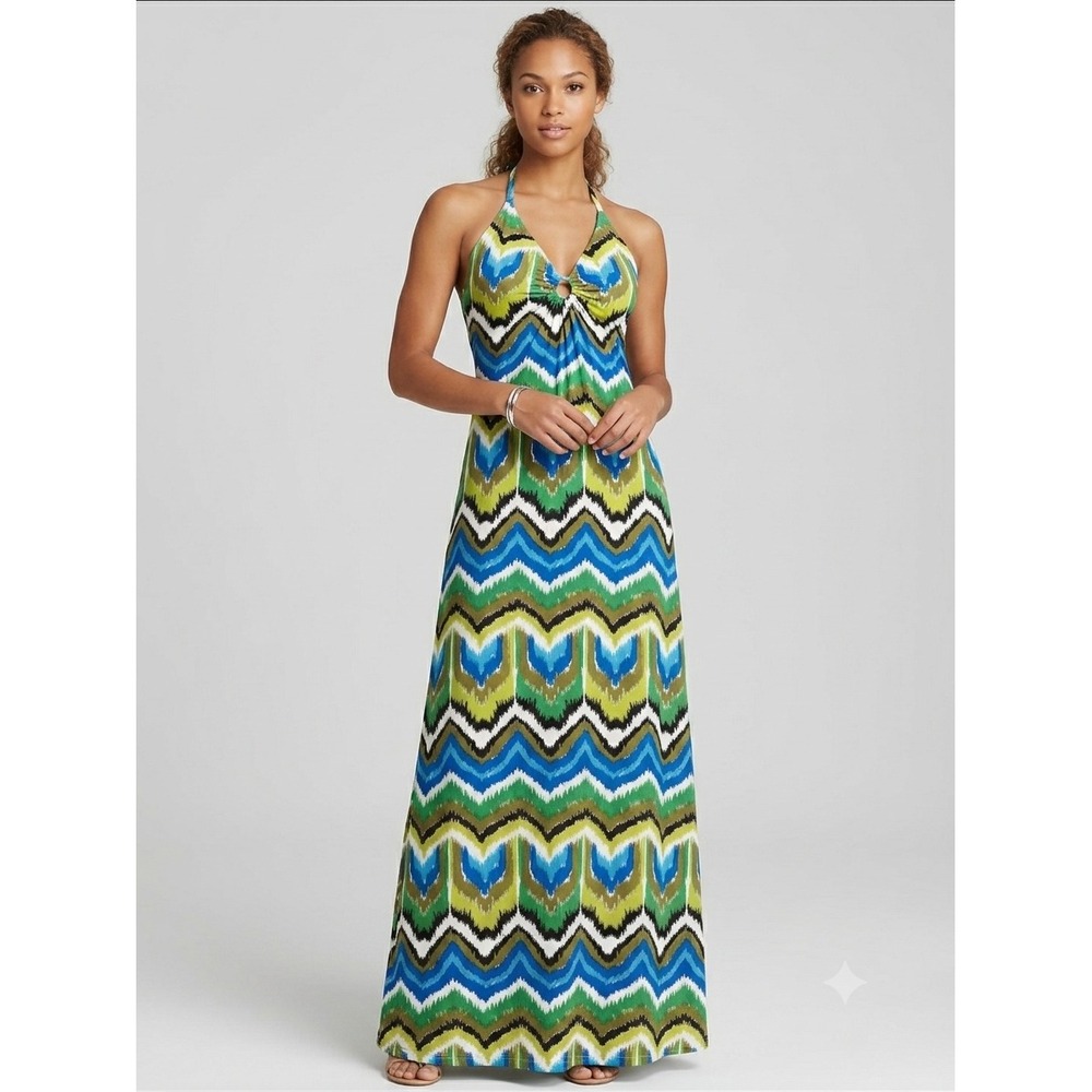 Trina Turk Retro 70's Euro Summer Chevron Ikat Halter Maxi Green Blue O-Ring M